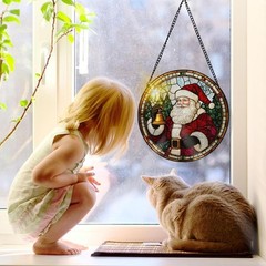 Christmas Stained Glass Suncatcher Santa Claus Window Decor for Home 7.8 in