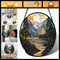 Sunset Mountains Lake Tree Stained Glass Suncatcher – Window Decor Gift for Mom,