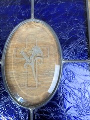 Stained Glass Light Catcher Colbolt Blue & Clear Cross & Lilly 10″ × 12″
