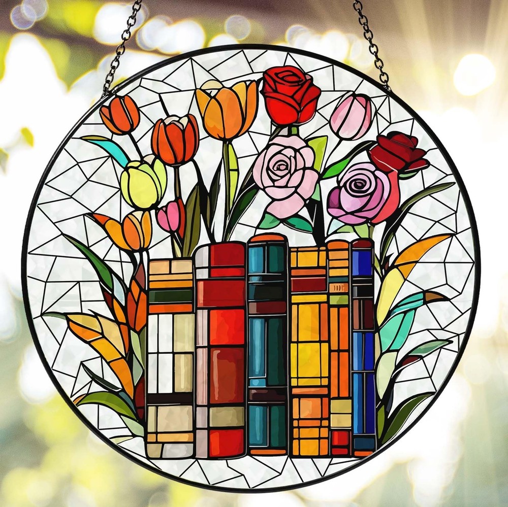 Flower Book Stained Glass Window Hanging 9.8” Sun Catcher for Home Decor