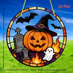 Witch Hat Pumpkin Ghost Bat Tombstone Round Acrylic Suncatcher Halloween Decor