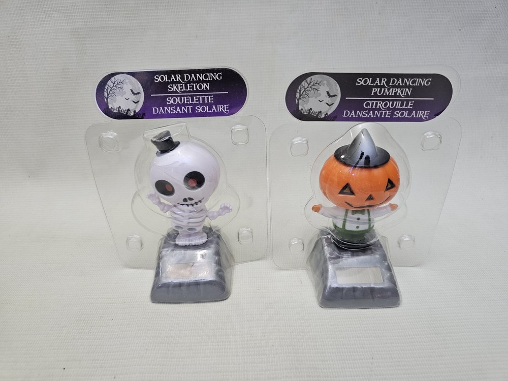 Lot of 2 Solar Powered Dancing Bobblehead Halloween Skull Skeleton & Pumpkin New