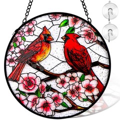 Cardinal Stained Glass Window Hanging, 6 Inch Sun Catcher Glass Panel with Me…