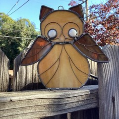 Handmade Stained Glass OWL Suncatcher Pearl Eye Window Decor Artisan Brown Beige