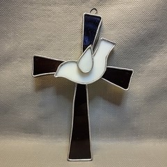 Vtg Red Stained Glass Cross with White Dove Ornament Suncatcher 7″ x 5″