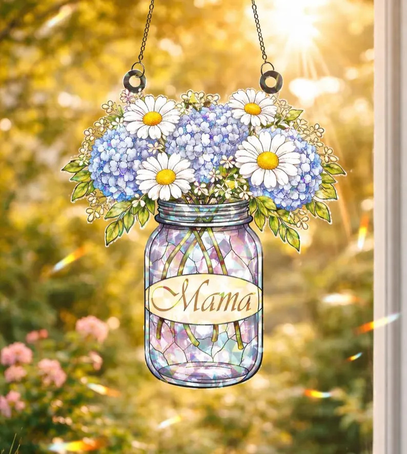Holographic Floral Mason Jar Suncatcher Acrylic Window Decor