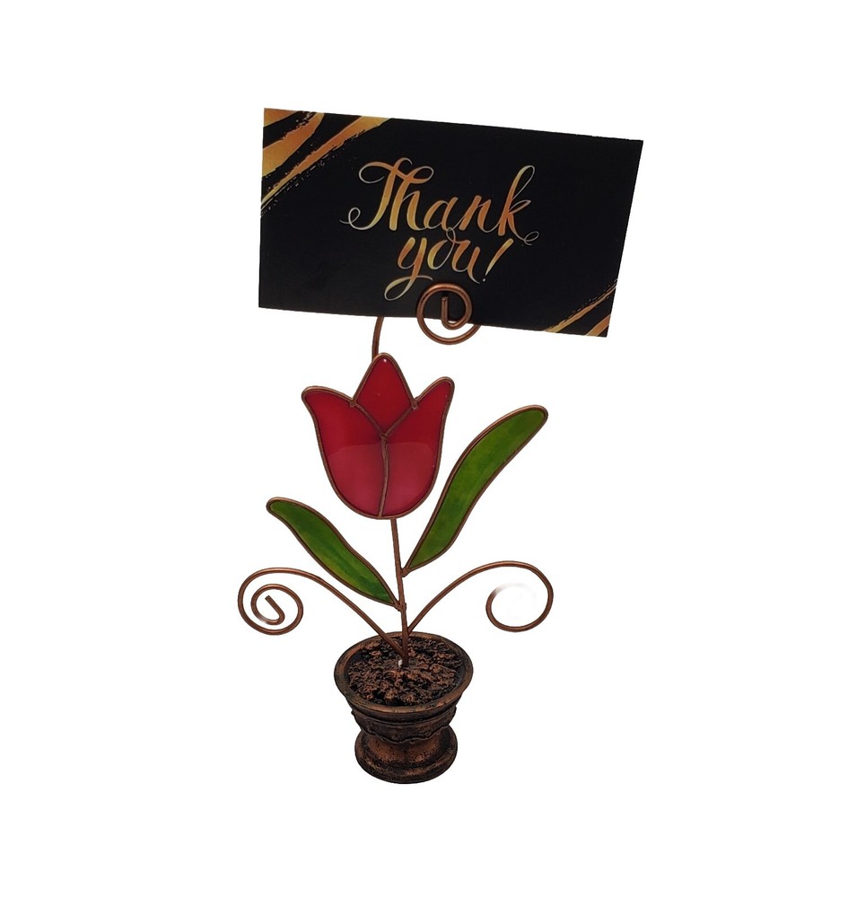 Vintage SunCatcher Red Tulip Green Leaves Metal Brown Flower Pot Photo Holder 6″