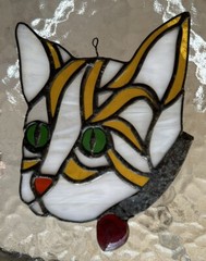Stained Glass Yellow & White Cat Suncatcher Orange Kitty Kitten Green Eyes Meow