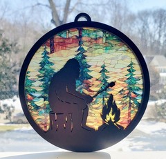 Bigfoot Marshmallows Campfire Round Suncatcher MDF Forest Cabin Window Hanging