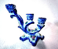 Portuguese Pottery Three Level Candelabra with Hand Painted Floral Decorations