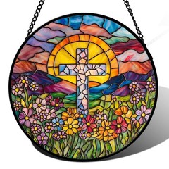 Stained Glass Cross Flower Sun Catcher for Home Decor, Garden, and Gifts