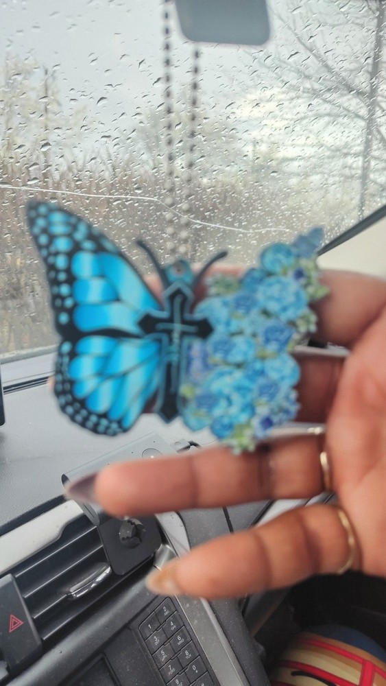 Acrylic Blue Butterfly Faith Cross Car Rear View Mirror Hanging Ornament