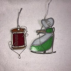 2 Vtg Stained Glass Window Decorations Sun Catchers Knitting Grandma Thread