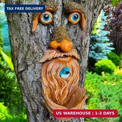 Tree Face Decor with Blue Bird Outdoor Old Man Face Garden Hugger Statue