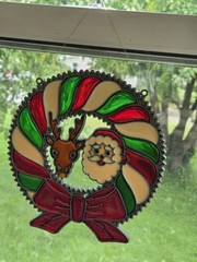 Vintage Stained Glass Santa And Reindeer Window Ornament Hanging Suncatcher LG