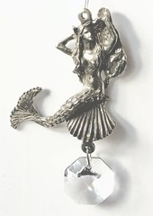 Pewter Mermaid Sun Catcher Hanging Double Sided Faceted Crystal Ornament NEW