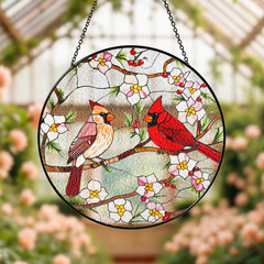 Cardinal Bird Suncatcher Red Stained Glass Window Ornament Decor