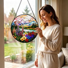 Stained Glass Window Hanging Suncatcher – Wildflower Mountain Sunrise Glass P…