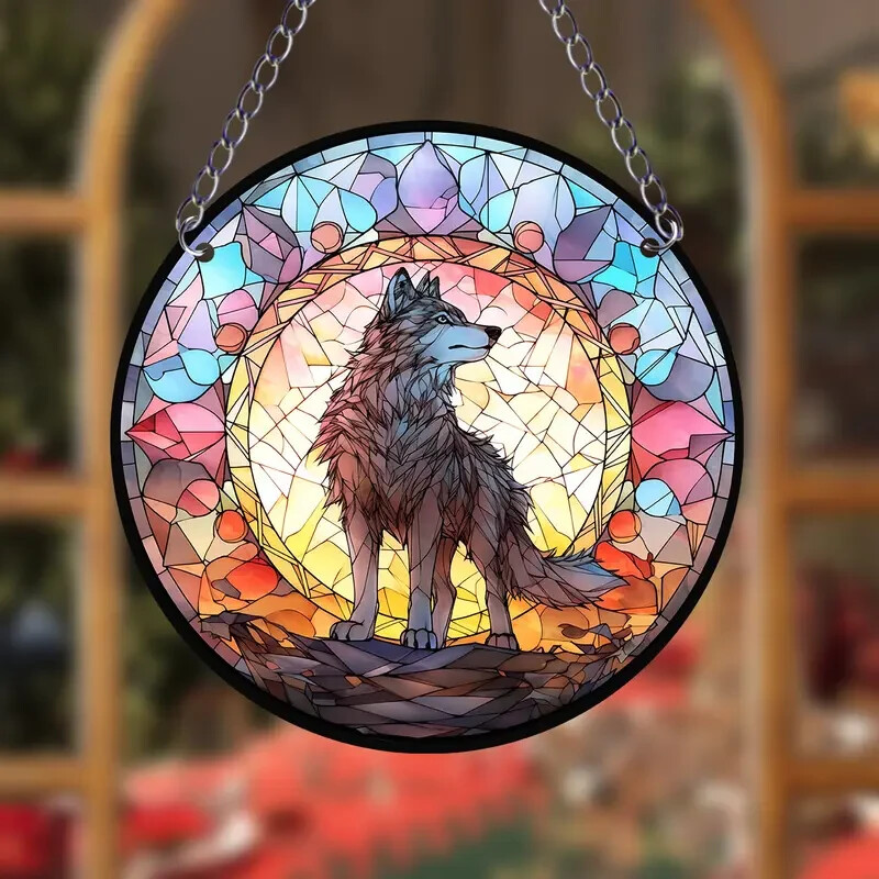 Tiled Effect Wolf Suncatcher Double Sided Round Dyed Acrylic Decor