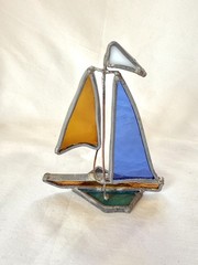 Vintage Stained Glass Sailboat Suncatcher Window Decor Orange Blue Nautical