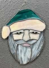 Stained Glass Santa Clause Face Green Hat Suncatcher 9 x 7”