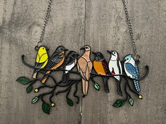 Multicolor Metal Panel 7 Bird Stained Hanging Home Decor 5.5” x 9.84”