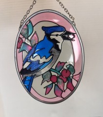 Joan Baker Stained glass. Suncatcher. Blue Jay Bird. Window Art. Vintage. 1980s.