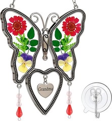 Suncatcher Grandma Butterfly Heart Shaped Glass with Pressed Flower Nana Gifts