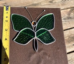 Vintage Green Orange Leaded Stained Glass Sun Catcher Full Butterfly 5 in x 5 in