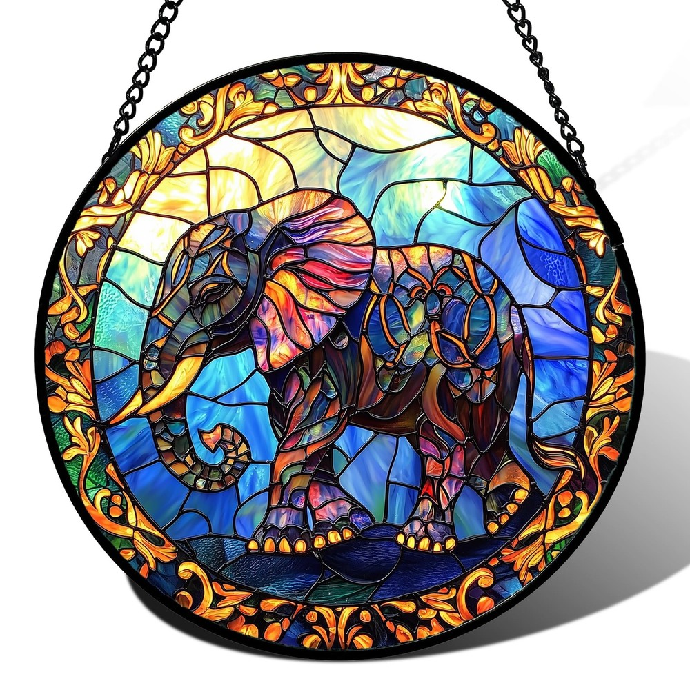 Stained Glass Blue Elephant Suncatcher for Home Decor and Gifts 7.8 in