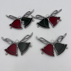 4 Set Of Christmas Bells Stained Glass Hangers Red And Green With Metal Ribbon