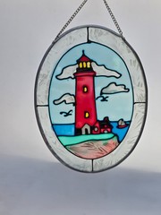 Stained Glass Beach lighthouse Oval Suncatcher Window Wall Decor 7×5.5″
