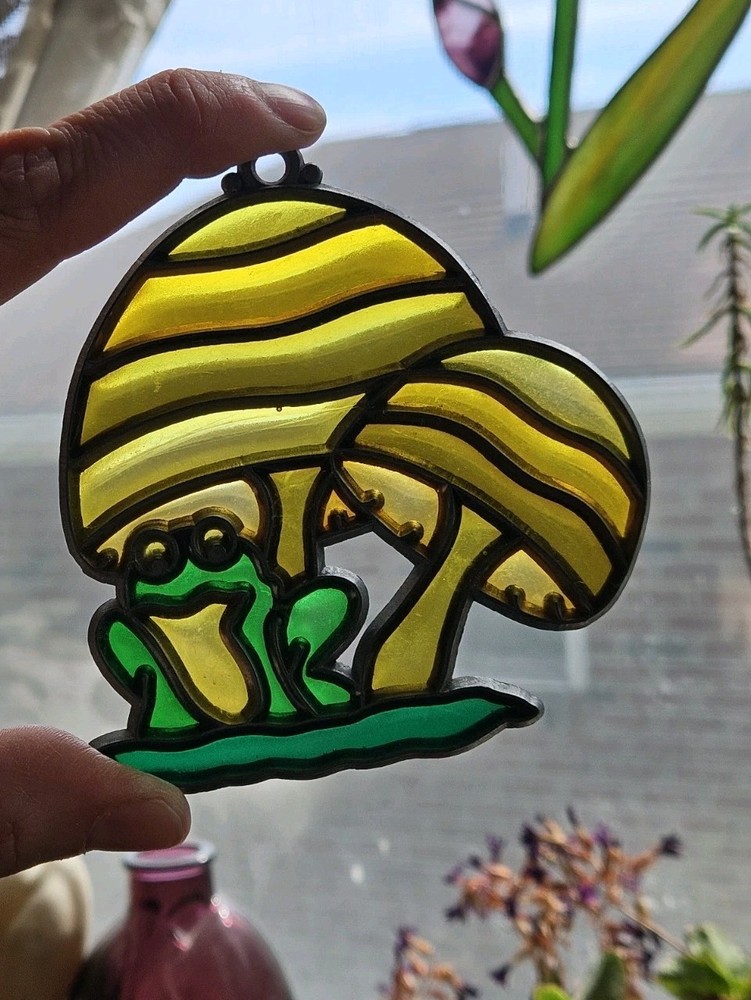 Vintage Groovy Retro Mushrooms Frog Faux Glass Sun Catcher 70s? Cottagecore Cozy