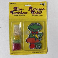 Vtg NOS Faux Stained Glass Frog Mushroom Hanging Suncatcher Rare 80s Craft Kit