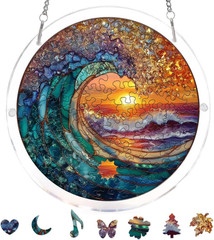 Acrylic Puzzle Suncatcher, Ocean and Sun Stained Glass Window Hanging, Sun Catch