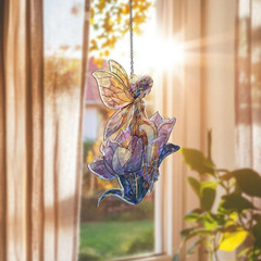 Fairy on Lotus Flower Acrylic Suncatcher Fantasy Window Hanging Gift Decor