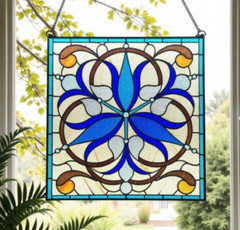 Blue Lilies Stained Glass Windows Panel Suncatcher 16x16in