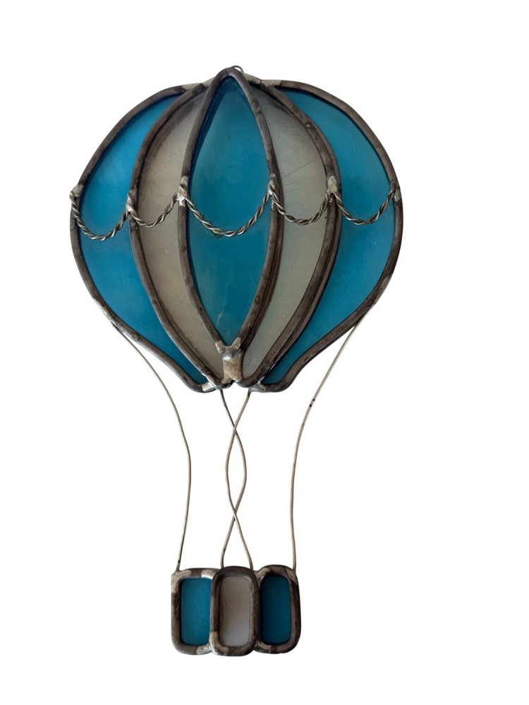 Vintage Stained Glass Hot Air Balloon Blue & Clear 10″ Wall Art Sun Catcher