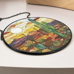 Desert Sunset Suncatcher, Stained Glass Cactus Scene, Southwest Window Decor Art