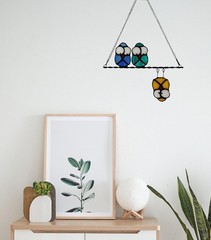 Colorful Owl on Wire Stained Glass Hanging