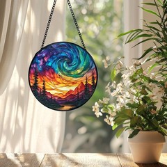 Aurora Borealis Stained Glass Suncatcher Nature Wall Art Decor 7.9×7.9 Inch
