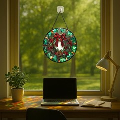 Stained Glass Window Hanging – 7.8in Christmas Wreath with Red Bow, Pine Cone…