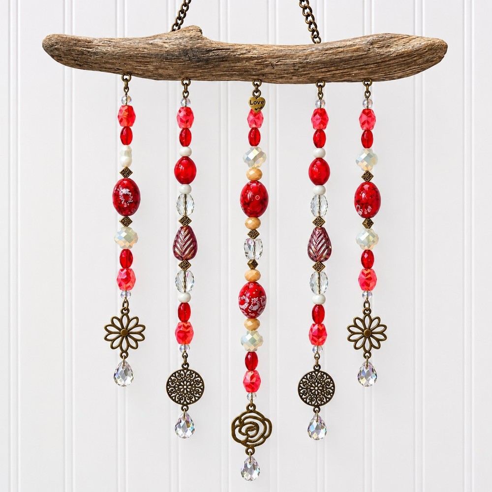 Bohemian Hanging Mobile Driftwood Wood Top Red Beads Metal Charms Decor