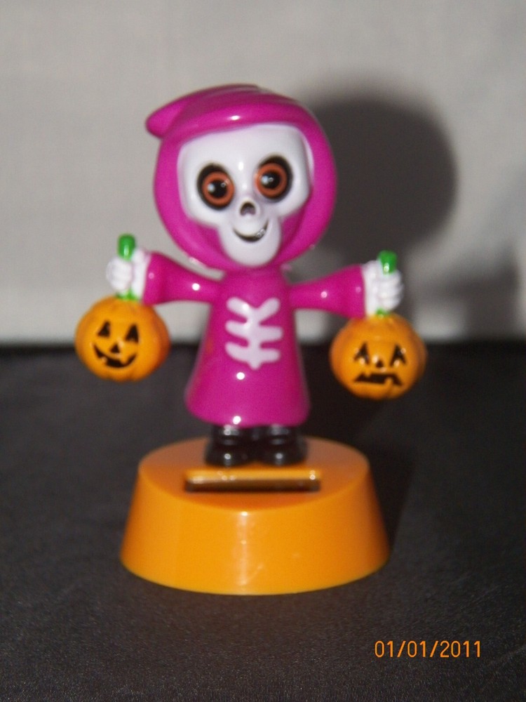 Solar Happy Halloween Skeleton purple cloak two pumpkins smile spooky dancer