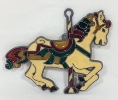 Vtg Stained Glass Sun Catcher Red Green Carousel Running Horse Pony 6” x 4 1/2″