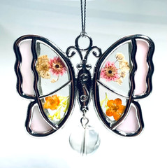 Butterfly Pink Slag Glass Ornament Dried Flowers Suncatcher Smal Home Decor 2.8″
