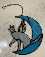 6×5 Cat W/Angel Wings Stained Glass Suncatcher Pet Sympathy Gift