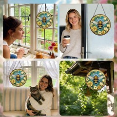 Stained Glass Bee Sun Catcher – 7.8″ Flower Window Decor, Indoor Hanging Ornamen