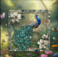 Vibrant Peacock Stained Glass Look Decor, 8″- Colorful Mosaic Art, Acrylic