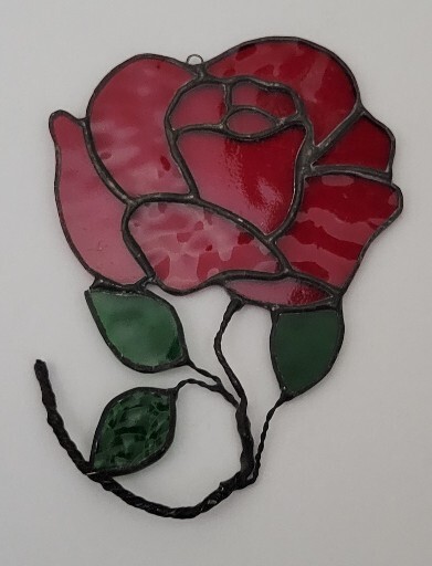 Vintage Red Rose Stained Glass Flower Suncatcher 6 X 4″